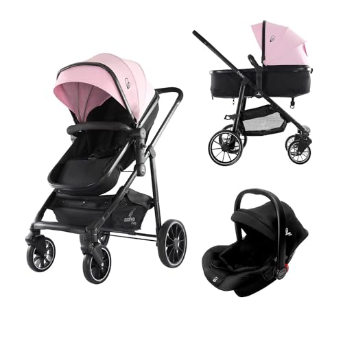Trío Convertible 3 en 1 DUBAI 2 - Silla de Paseo con Capazo Transformable y Silla de Auto Grupo 0+, Plegado Fácil, Compacto y Ligero, Desde Recién Nacido hasta 22 kg - Rosa Asalvo