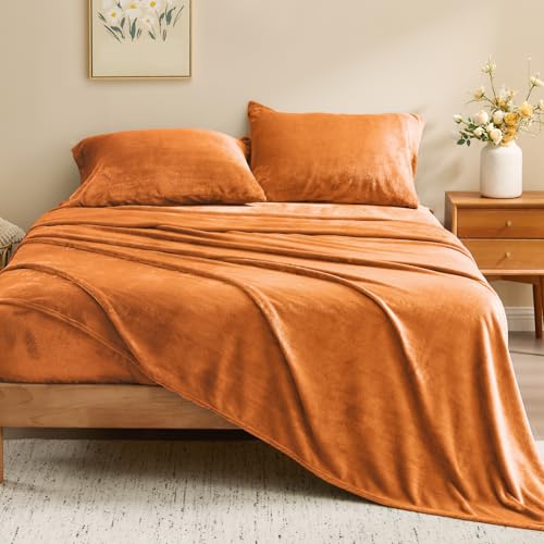 Image of BEDELITE Flannel Sheets Twin Size Burnt Orange - Super Soft Fall Fleece Sheets Set Fluffy Extra Plush, 3 Piece(Include Fitted Sheet, Flat Sheet, 1 Pillowcase)