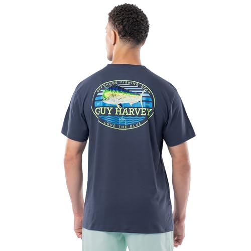 Image of Guy Harvey Men’s Short Sleeve OG Cotton Graphic Pocket T-Shirt, Crown Blue/Retro Style Mahi, S