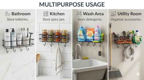 Image of Xmart India Bathroom Organiser Without Drill | Corner Shelf Rack | Self Adhesive Wall Mounted Storage Organizer for Bathroom & Kitchen | Organizer Storage Bathroom Shelve (2, 4 Hook)