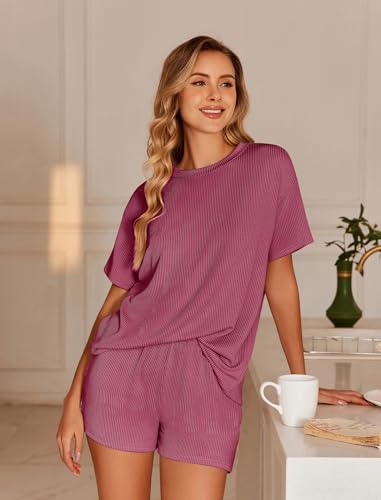 Image of Ekouaer 2 Piece Sets for Women Matching Lounge Sets Summer Outfits | Casual Loungewear, Ribbed Loose Set, Short Sleeve Shirt and Shorts, Crewneck, With Pockets