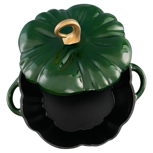 Flavehc Kürbis Dutch Oven Mit Deckel 3,8 Qt - Grün Emailliertes Gusseisen Topf für Brot Backen Mit Griffen – Ansicht 2