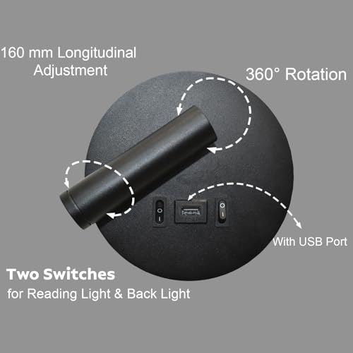 Image of Smartway Rotatable USB Black 12W Rotatable LED Bedside Wall Lamp with 3 Color Modes | Adjustable Reading Light for Bedroom, Living Room & Study | Modern Decorative Wall Light, Premium Build