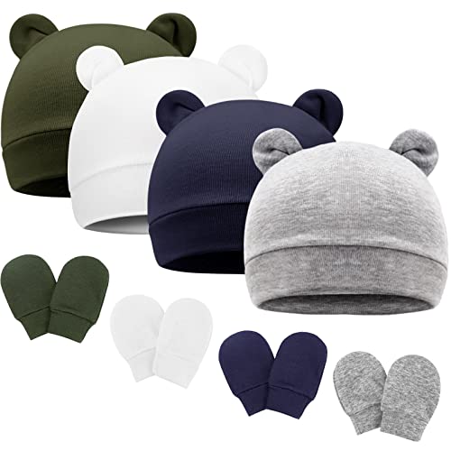 Image of Newborn Baby Hat and Mittens Set Bear Ears Toddler Infant Beanie Caps Newborn Hospital Hat for Baby Boy Girl 0-3 Months