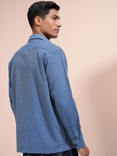 Image of Locomotive Premium Men Washed Dobby Textured Utility Pocket Oversized Over Shirt Blue