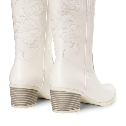 DREAM PAIRS Cowboy Boots for Women Cowgirl Western Boots Fashion Embroidery Stitched Chunky Heel Mid Calf Boots,Size 8.5,White-Pu,DWUMMB2504