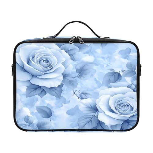 Travel Makeup Train Case Blue Flower Pattern Blue Leaves Cosmetic Organizer Portable Storage Bag with Adjustable Dividers for Cosmetics Brushes Toiletry Jewelry Digital Accessories