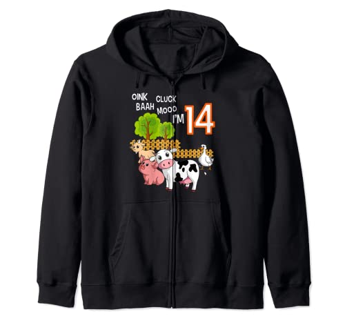 Oink Cluck Baah Mooo I'm 14 Farm Animal 14th Birthday Party Zip Hoodie