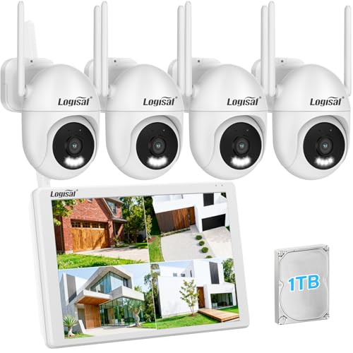 Logisaf PTZ Überwachungskamera Set mit 10'' Monitor, 5MP 10CH WLAN NVR, 4 Pcs 360° PTZ Kameras mit 24/7 Aufnahme, 2-Wege Audio, Farbe Nachtsicht, Automatische Verfolgung, Personenerkennung, 1TB HDD