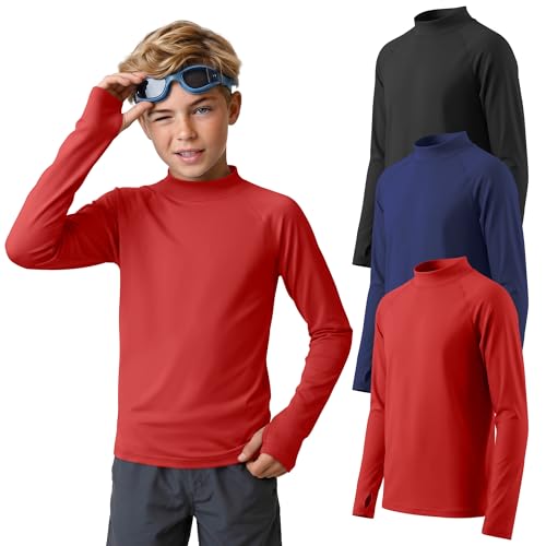 YooAurvox 3 Pack Boys' UPF 50+ Rash Guard Kids Youth Long Sleeve Quick Dry Swim Shirt Sun Protection UV Beach Surf Shirts(Black, Navy Blue, Red,7-8 Years)