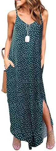 HUSKARY Women's Summer Casual Sleeveless V Neck Strappy Split Loose Dress Beach Cover Up Long Cami Maxi Dresses with Pocket