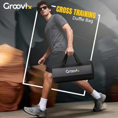 Image of GROOVIX 20L Gym Bag, Black, Polyester, Water Resistant, with Dedicated Shoe Compartment, Adjustable Shoulder Strap, Unisex Duffel for Training, Yoga, and Travel