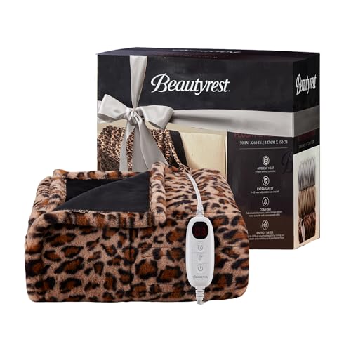 Beautyrest Long Brushed Faux Fur Ogee Textured Design Electric Blanket Auto Shut Off Virtually Zero EMF Multi Heat Setting UL Certified Machine Washable Leopard Throw 50x60