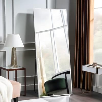 NeuType Full Length Mirror Standing Hanging or Leaning Against Wall, Large Rectangle Bedroom Floor Dressing Mirror Wall-Mounted , Aluminum Alloy Thin Frame, White, 65"x22"