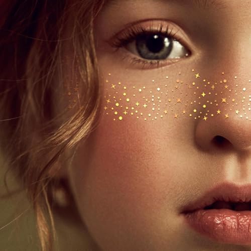 Image of 6 Pcs Temporary Gold Glitter Sticker Face Tattoo Stickers Sparkle Stickerez Freckles Sparkle Makeup Patches for Women Rhinestone Accessories for Festivals & Parties