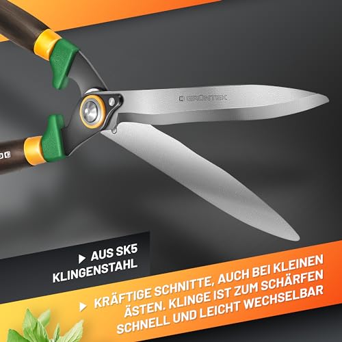 Foto von GRÜNTEK Heckenschere Panther 540 mm, Gartenschere u. Strauchschere, manuell, hochwertige Stahlklingen, Wellenschliff, ergonomische Eschenholzgriffe, sehr gute Schärfbarkeit, Profi Gartenheckenschere