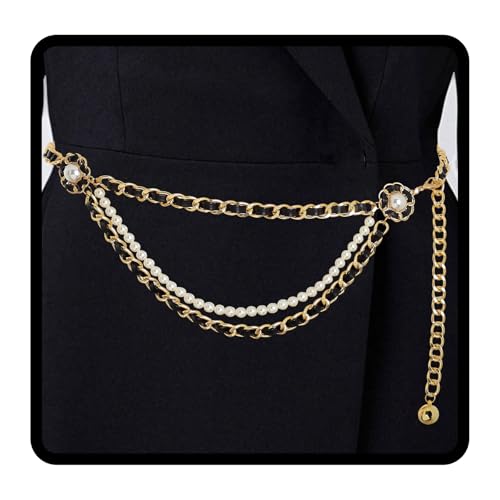 Navoky Gold Pearl Leather Waist Chain Belts Flower Metal Adjustable Layered Pendant Belly Chain for Women