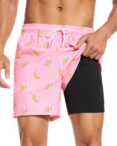 Aueyan Funny Swim Trunks for Men Pink Swimsuit Trunks 5 Inch Inseam Mens Bathing Suit with Compression Liner Banana Swimming Shorts Fun Male Boardshorts with Boxer Briefs Liner Swimwear Summer,M
