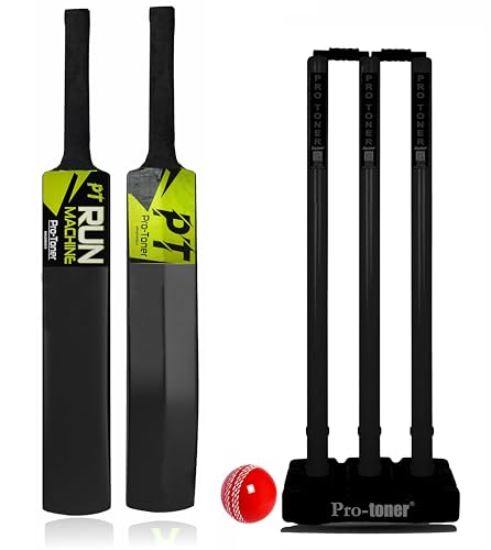 Image of Protoner Cricket Set, Full Size Bat with 3 Stumps Stand and Wind Ball kit, Black and Neon Green