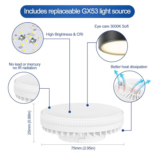 YindaLux Zestaw 4 reflektorów LED w kolorze czarnym 220-240 V Ø95 x 55 mm w zestawie z żarówką GX53 6 W ciepła biel 3000 K 660 LM Lampa sufitowa LED z reflektorem o dużej powierzchni świetlnej