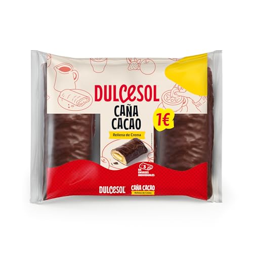 Dulcesol - Caña Cacao - Hojaldre con Cobertura de Chocolate Relleno de Crema, Pack de 3 Unidades en Envases Individuales - Bolsa 150g