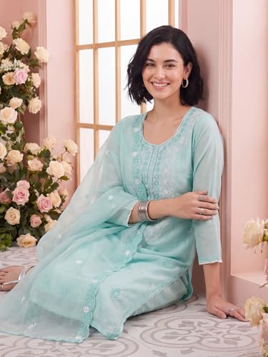 Image of INDO ERA Women's Silk Blend Embroidered Thread Work Kurta & Pant with Dupatta Set | Suit Set For Women