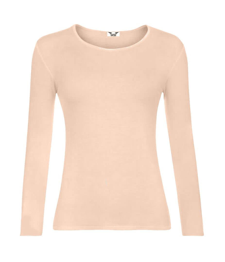 KATSSI Women’s Ladies Long Sleeve Stretch Plain Round Scoop Neck T Shirt Top XXL Nude