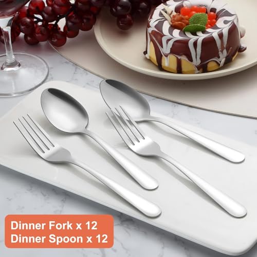 Image of Unokit 24-Piece Spoons and Forks Set Silverware Set - Forks and Spoons Food Grade Stainless Steel Silverware for Home, Kitchen and Restaurant, 12-Fork and 12-Spoon, Mirror Polished&Dishwasher Safe