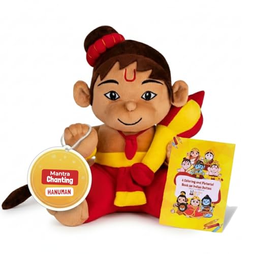 Image of Panda's Box Mantra Chanting Baby Hanuman | As Seen on Shark Tank | Musical Soft Plush Toy | Non-Toxic, Safe| Best Birthday Gift for Newborn Kids (Boys, Girls) | Free Colouring Book | Medium 28 CM