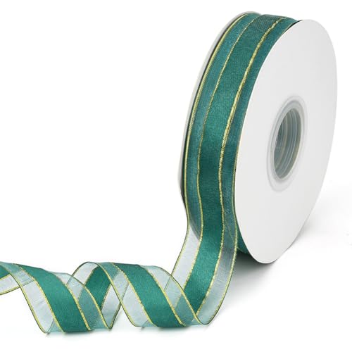 CABODYALS 50 Yards 1 Inch Dark Green Organza Ribbon Gold Edge Ribbon Sheer Transparent Forest Green Soft Mesh Voile Nylon Fabric Spool Ribbons for Gift Wrapping Christmas Hair Braiding Wedding DIY