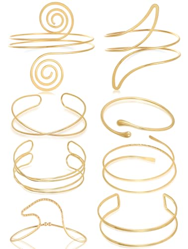 8PCS Upper Arm Cuff Bracelets for Women Gold Silver Arm Band Cuff Bangle Bracelet Adjustable Minimalist Coil Armband Armlet Set