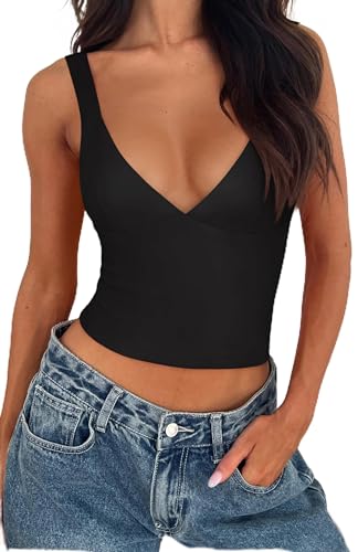 REORIA Women's Summer Sexy Deep V Neck Sleeveless Slim Fit Trendy Y2k Corset Cami Crop Tank Tops
