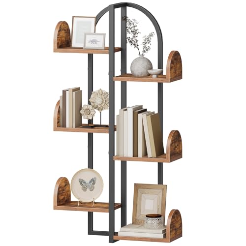 HOOBRO Tree Floating Shelves for Wall, Arc-Shaped Wall Mounted Shelf, 6-Tier Multi-Functional Hanging Bookshelf for Storage, Living Room, Bedroom, Home Office, Rustic Brown and Black BF56BJ01