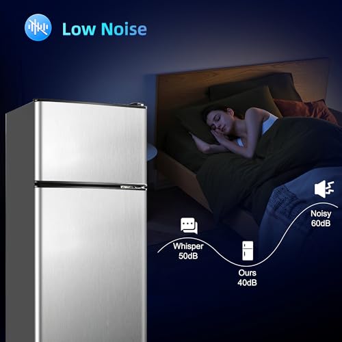 Image of Mini Fridge with Freezer, 4.0 Cu. Ft. Double-Door Mini Refrigerator with 7-Level Adjustable Thermostat & Adjustable Glass Shelves, Compact Dorm Fridge 37 dB Low Noise for Bedroom, Apartment, Silver