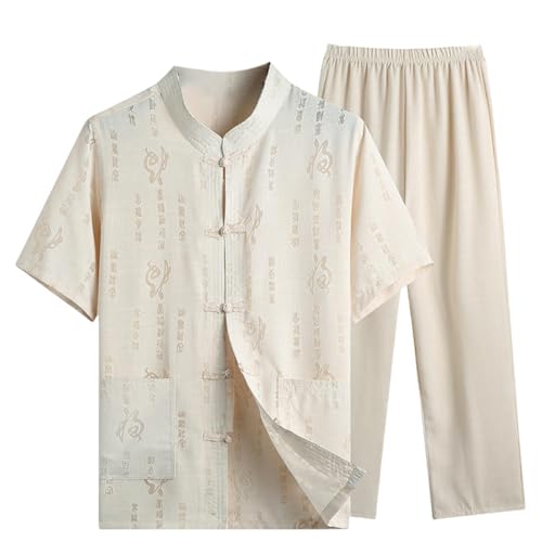 Men's Summer Tang Suit Short Sleeve Chinese Style Cotton Linen Shirt Set