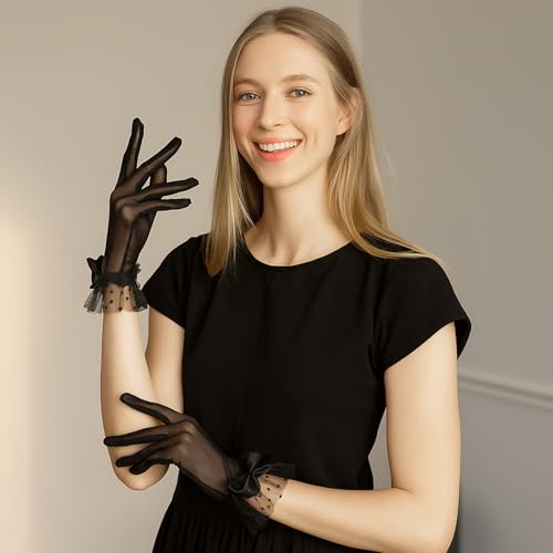 Ouligay Black Gloves Tea Party Women Lace Gloves for Wedding Bow Short Mitten Elegant Accessories for Opera Party Bridal Princess Evening Costume4