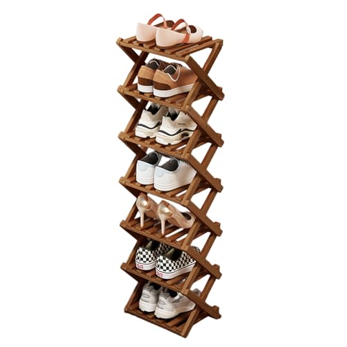 SHEBUYLLI Zapatero vertical pequeño, plegable, alto y estrecho, zapatero delgado, zapatero de esquina para pasillo, dormitorio, pasillo, espacios pequeños (marrón, 7 niveles)