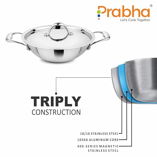 Image of Prabha Prima Kadhai Flat Bottom with Lid, Stainless Steel, Kitchen Kadhai, 18cm, 1.4L, Induction & Non Induction Base, 60 Months Warranty