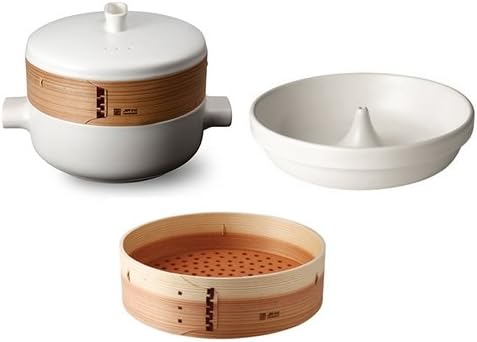 JIA Steamer Set Deluxe Large Set (Ceramic Steamer Pot and Lid + Poacher + Two Cedar Wood Baskets)