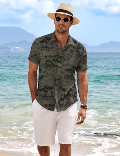 Image of COOFANDY Men's Linen Shirts Short Sleeve Casual Shirts Button Down Shirt for Men Beach Summer Wedding Shirt
