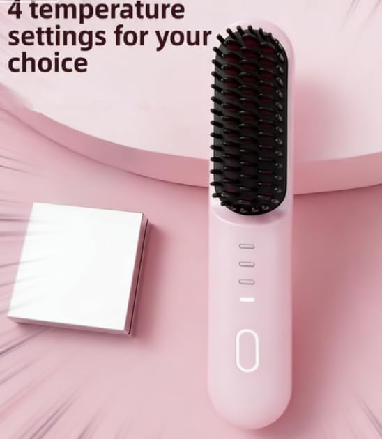 Cordless Hair Straightener Brush 4 Temp Settings Ceramic Coating Hair Straightener Comb Rechargeable Fast Heating Hot Comb Women (Yellow)