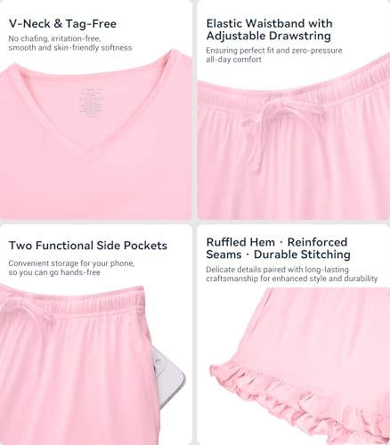 Image of WiWi Womens Pajamas Set Bamboo Viscose Super Soft Short Sleeve Top Ruffle Shorts Sleepwear Cooling Pj Sets S-XXL