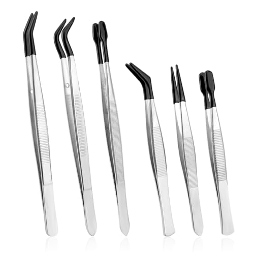 6pcs Rubber Tip Tweezers Long Tweezers Bent Pointed Tipped Hobby Tweezer for Crafts Jewelry Making Plastic Silicone Sticker Seed Stamp Collecting Entomology Mosaic Ear Nail Supplies