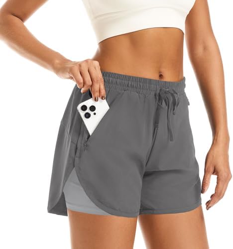 Women's 2 in 1 Athletic Running Shorts Quick Dry Workout Casual Gym Sweat Shorts Mesh Comfy Liner Zipper Pockets