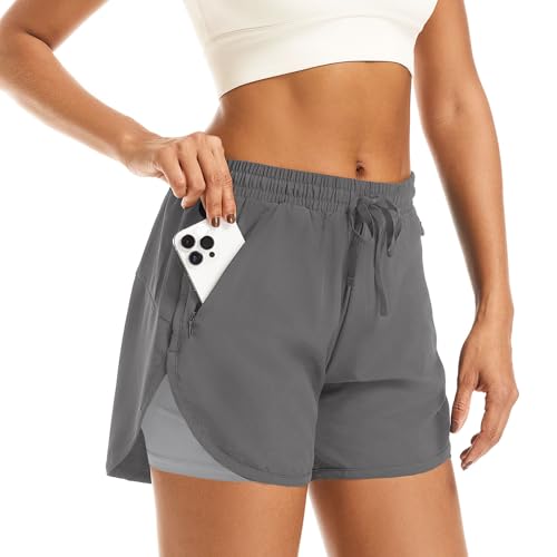 APWKL Women's 2 in 1 Athletic Running Shorts Quick Dry Workout Casual Gym Sweat Shorts Mesh Comfy Liner Zipper Pockets(Grey,2XL)