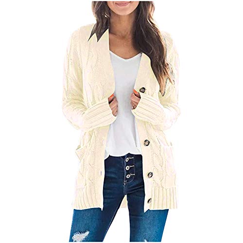CLOUSPO Gilet Femme Long Cardigan avec Poches Pull Tricot Veste Outwear Manches Longues Manteau Hiver Chaud Tricoté Sweaters avec Bouton (Beige, M) Cover