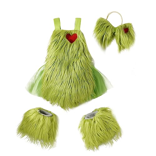 Image of IMEKIS Newborn Halloween Costume Baby Santa Costumes Green Mrs Claus 1st Christmas Outfit Girl Romper Dress Up Cosplay Fuzzy?Fur Leg Warmers Toddler Elf Xmas Holiday Photoshoot Red Heart 0-3 Months