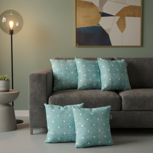 Image of STITCHNEST 'QuadraNest' Series Printed Quilted Velvet Cushion Cover 16x16 Inch Set of 5 | Premium Soft Fabric, Washable & Fade Resistant | Decorative Living Room Cushion Covers | Pastel Green