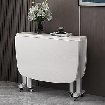 ZHUKER Folding Dining Table, Extendable Kitchen Desk with Locking Wheels, Wooden Drop Leaf Table, Flip-Top Dinner Tables for Small Spaces, Round Edge Design (White, 100x60cm)