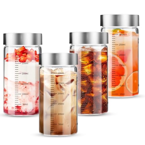 Lot de 4 Bouteilles en Verre de 300 ml avec Couvercle en Acier Inoxydable - Avec Graduation de Mesure, pour Les Jus, Les Smoothies, Le Café, Le Lait, Le thé,...